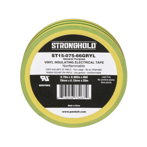 CINTA ELÉCTRICA STRONGHOLD PARA AISLAR, DE PVC, USO CONSTRUCCIÓN GENERAL EN TIERRAS FÍSICAS, GROSOR DE 0.13 MM, ANCHO DE 19.05 MM, Y 20.12 M DE LARGO, COLOR AMARILLO/VERDE.-Canalización-PANDUIT-ST1507566GRYL-Bsai Seguridad & Controles