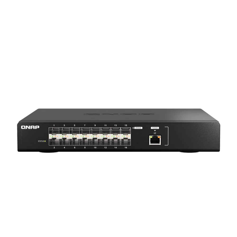 SWITCH DE ALTA VELOCIDAD QSW-M5216-1T-US / 16 PUERTOS CON VELOCIDAD DE 25 GBE SFP28 FIBRA OPTICA + 1 PUERTO 10GBE RJ45 / ADMINISTRABLE L2 / CAPACIDAD DE SWITCHING 820GBPS / APLICACIONES DE DATA CENTER Y GRANDES CORPORATIVOS / VERSION ESCRITORIO-Switches-QNAP-Bsai Seguridad & Controles