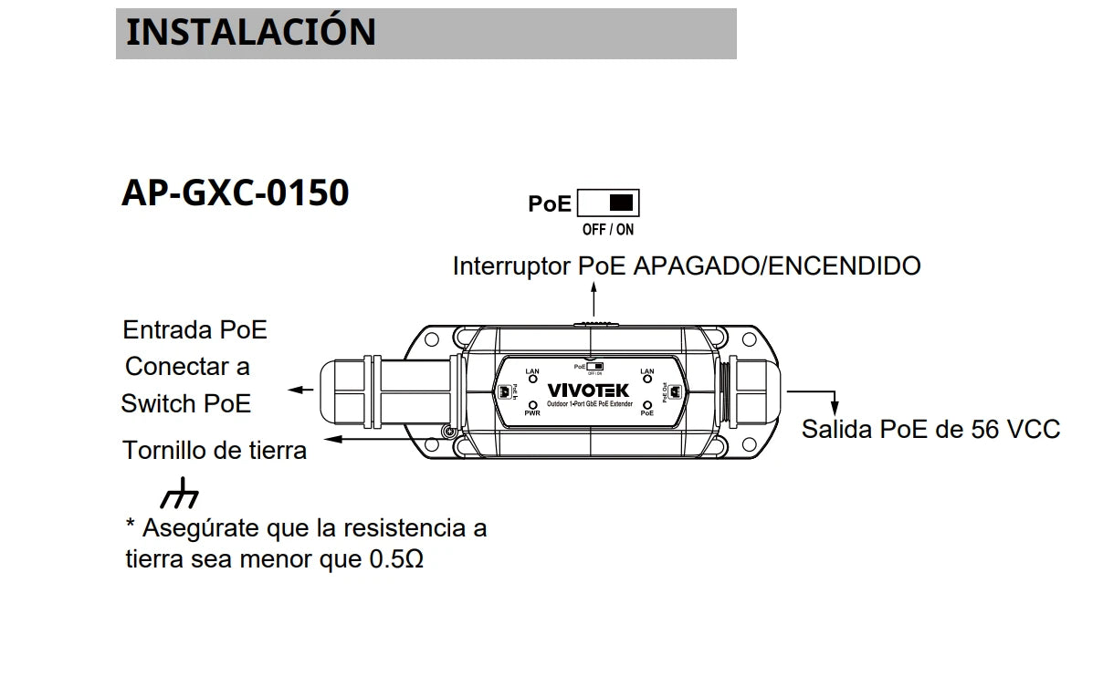 VIVOTEK AP-GXC-0150 - EXTENSOR POE PARA EXTERIOR, 1 PUERTO GIGABIT GE, CONEXION EN CASCADA HASTA 300 MTS, SALIDA POE HASTA 68W, IP67, IK10-Extensores PoE-VIVOTEK-VIV2340004-Bsai Seguridad & Controles