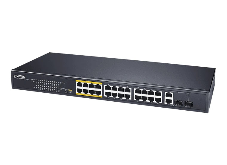 VIVOTEK AW-FGT-260F-380 - SWITCH POE NO ADMINISTRABLE, 24 PUERTOS POE FE RJ45, 2 PUERTOS COMBO GE RJ45,SFP, 30W POR PUERTO, 380W TOTALES, 8 PUERTOS MODO EXTENDIDO HASTA 250MTS, 8.8 GBPS, PROTECCIÓN 6KV-Switches POE-VIVOTEK-Bsai Seguridad & Controles