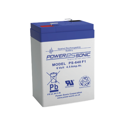 BATERÍA 6V, 4.50AH, PARA RESPALDO, TECNOLOGÍAS AGM/VRLA, 5 AÑOS VIDA ÚTIL, TERMINALES F1, RECONOCIDA UL-Fuentes de Alimentación-POWER SONIC-PS-640-F1-Bsai Seguridad & Controles