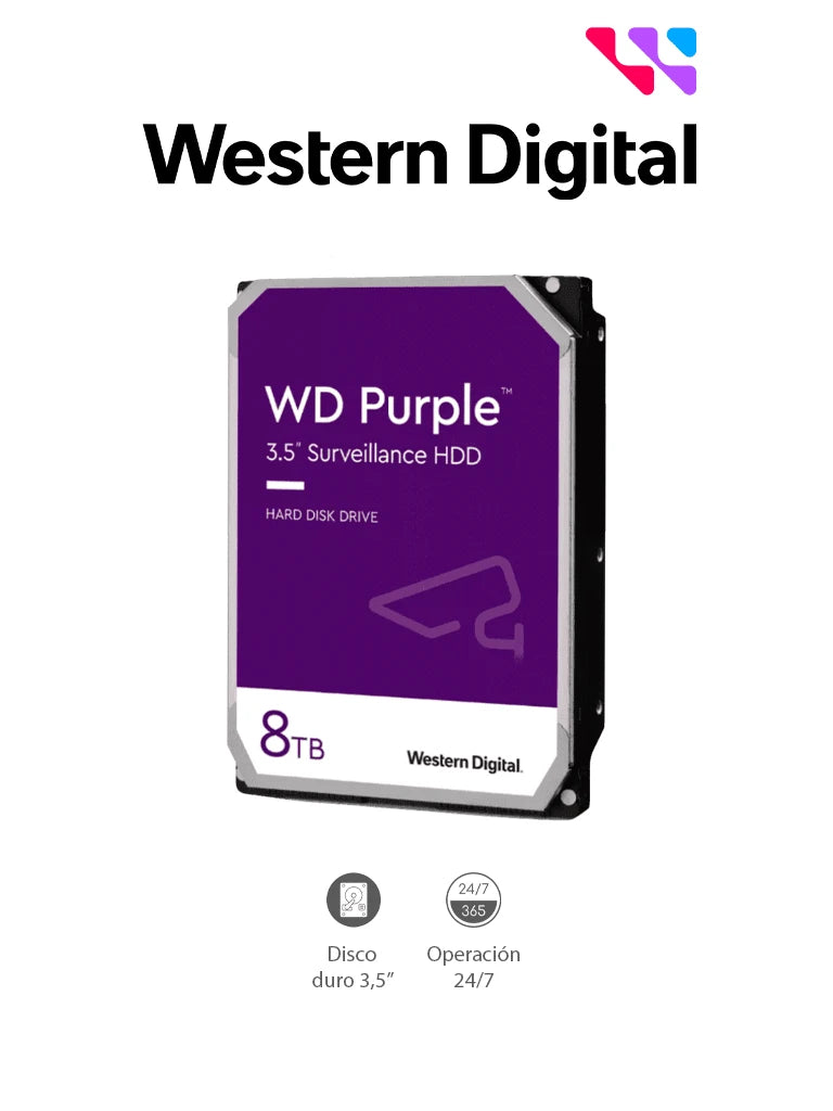 WESTERN WD84PURZ - DISCO DURO DE 8 TB PURPLE/ ESPECIAL PARA VIDEOVIGILANCIA/ TRABAJO 24/7/ INTERFACE: SATA 6 GB/S/ HASTA 64 CÁMARAS/ HASTA 16 BAHÍAS DE DISCOS DUROS/-Discos Duros-WESTERN DIGITAL-Bsai Seguridad & Controles
