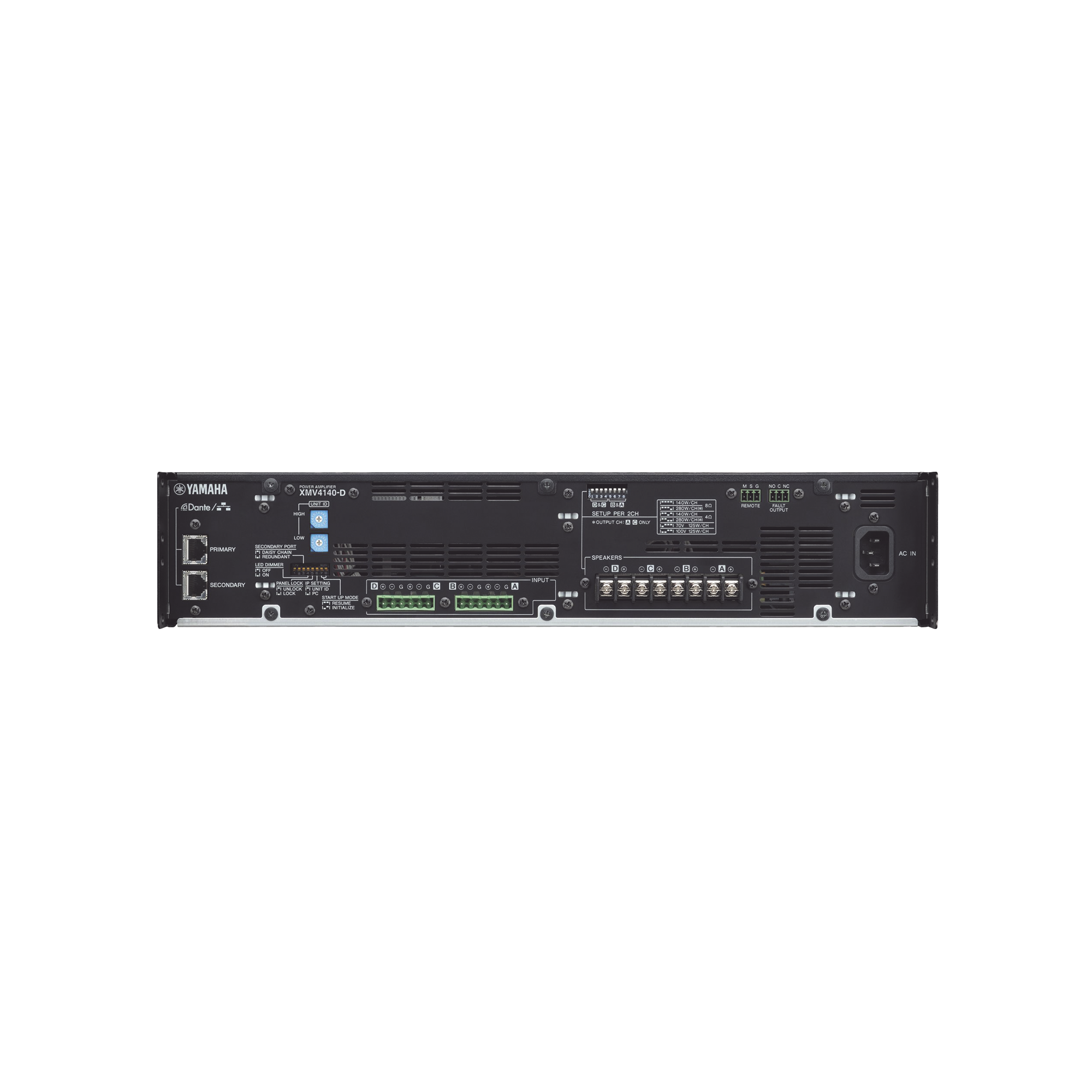 AMPLIFICADOR DE AUDIO MULTICANAL CON CONEXIÓN ANÁLOGA | DANTE | 4 CANALES, 140W | 8 OHMS | 70/100V