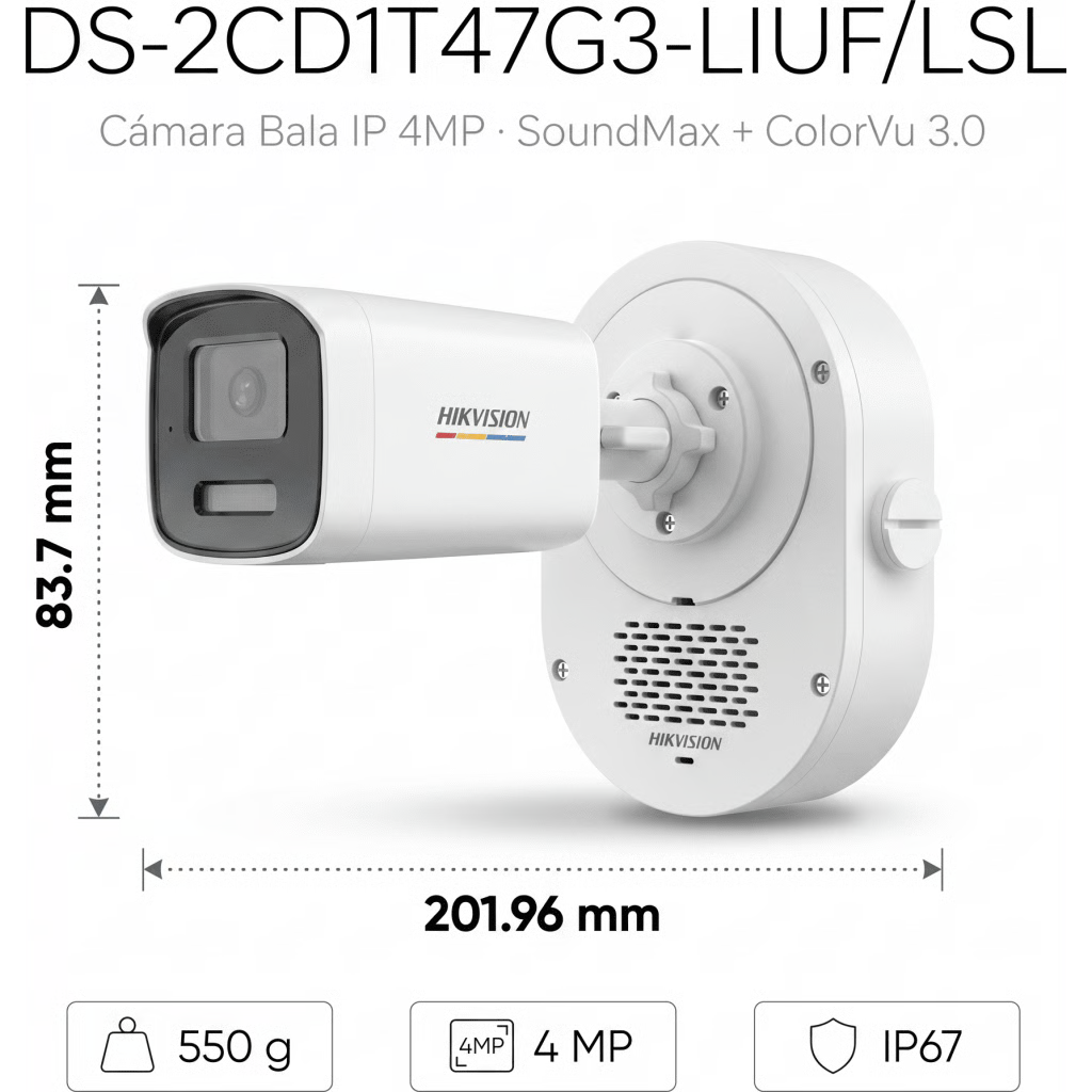 [DUAL LIGHT + COLORVU] BALA IP 4 MEGAPIXEL / LENTE 4 MM / 50 MTS IR + 50 MTS LUZ BLANCA / MICRÓFONO INTEGRADO / ACUSENSE LITE / EXTERIOR IP67 / WDR 120 DB / POE / MICRO SD