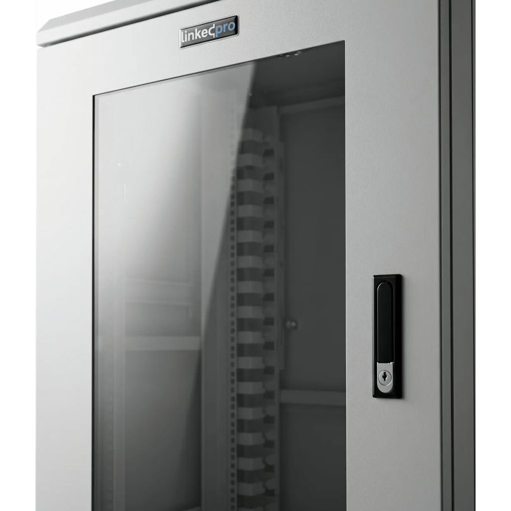 GABINETE RACK 19 PULGADAS / 18 UNIDADES / PISO / PUERTA DE CRISTAL / ACERO CALIBRES 16-18-20 / CAPACIDAD 750 KG (1653.5 LB) / DIMENSIONES 60 CM (23.6 IN) X 93 CM (36.6 IN) X 46 CM (18.1 IN)