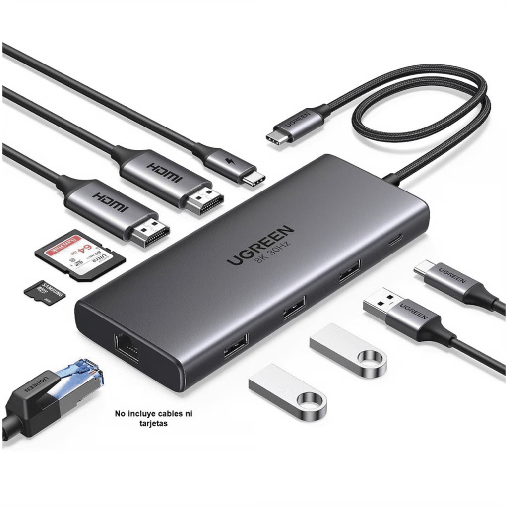 HUB USB-C (DOCKING REVODOK PRO 210) 10 EN 1 | 2 PUERTOS HDMI 8K,4K@60HZ | 3 USB-A | USB-C (5GBPS) | USB-C PD CARGA 100W | RJ45 (GIGABIT ETHERNET) | LECTOR TARJETAS SD + MICRO SD (TF) SIMULTÁNEO | CARCASA DE ALUMINIO.