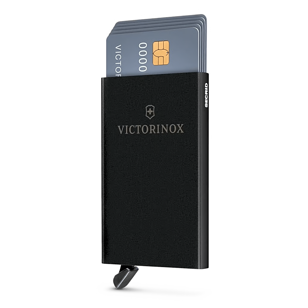 TARJETERO / ALMACENAMIENTO SEGURO 4-6 TARJETAS / ALUMINIO DURADERO / PROTECCIÓN RFID / SISTEMA DESLIZAMIENTO PATENTADO / COLOR NEGRO.