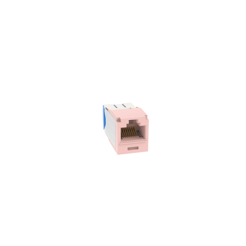 CONECTOR JACK RJ45 ESTILO TG, MINI-COM, CATEGORIA 6A, DE 8 POSICIONES Y 8 CABLES, COLOR ROSA