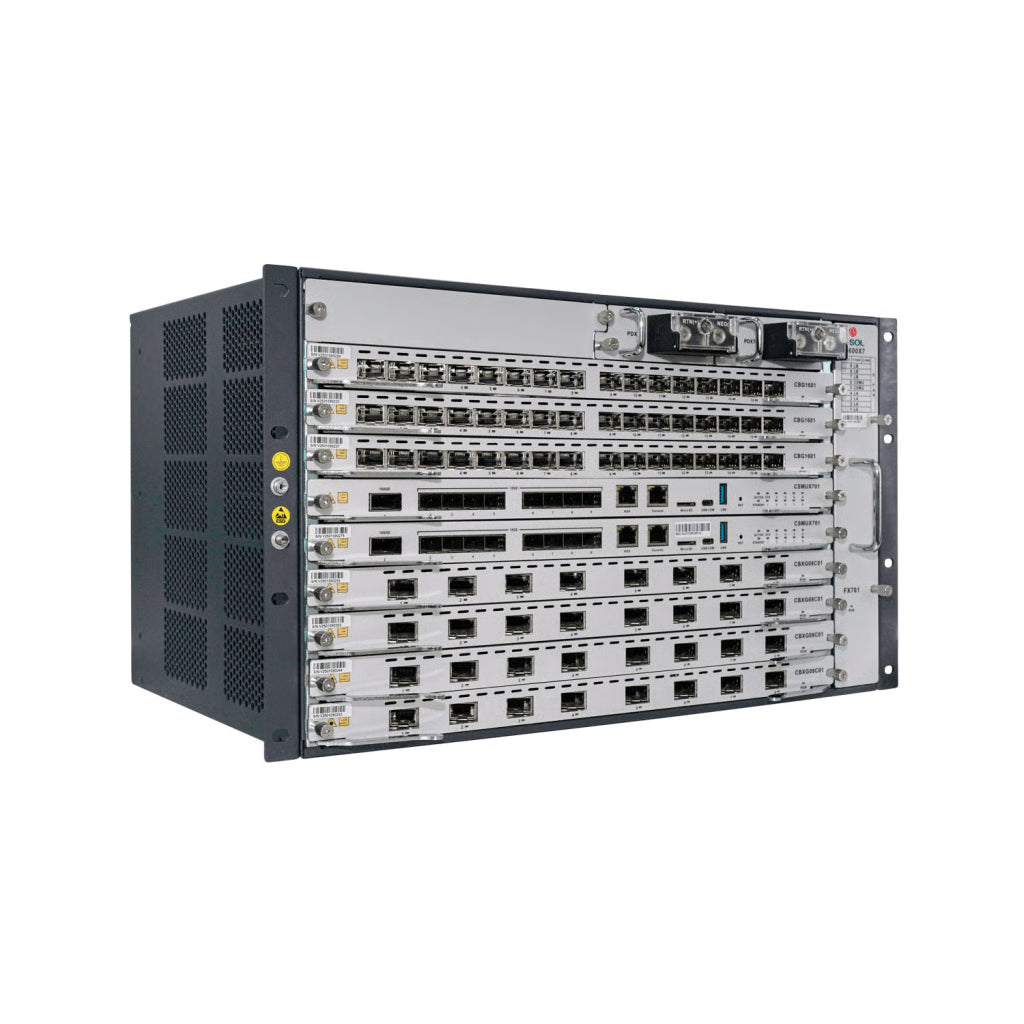 OLT MODULAR TIPO CHASIS GPON/XGS-PON COMBO, 7 RANURAS DE SERVICIO, INCLUYE 1 TARJETA DE SERVICIO DE 16 PUERTOS GPON