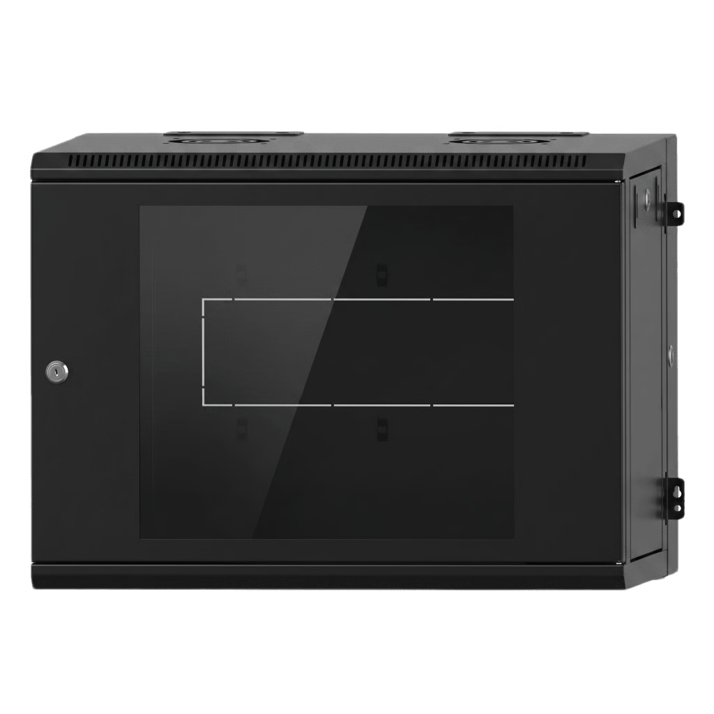 GABINETE RACKEABLE / 09 UNIDADES / PARED 19 PULGADAS / PUERTA DE CRISTAL / ACERO CALIBRES 18-22 / CARGA 80 KG / DIMENSIONES 634X632X468 MM (25X24.9X18.4 IN) / ABATIBLE 120° / VENTILACIÓN