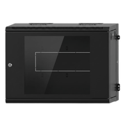 GABINETE RACKEABLE / 09 UNIDADES / PARED 19 PULGADAS / PUERTA DE CRISTAL / ACERO CALIBRES 18-22 / CARGA 80 KG / DIMENSIONES 634X632X468 MM (25X24.9X18.4 IN) / ABATIBLE 120° / VENTILACIÓN