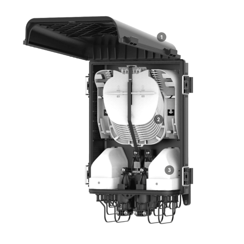 HUB BOX PRECONECTORIZADA EASYCONN® DE FIBERHOME PARA EXTERIOR, IP68, HASTA 96 EMPALMES, INCLUYE 2 SPLITTERS 1*4