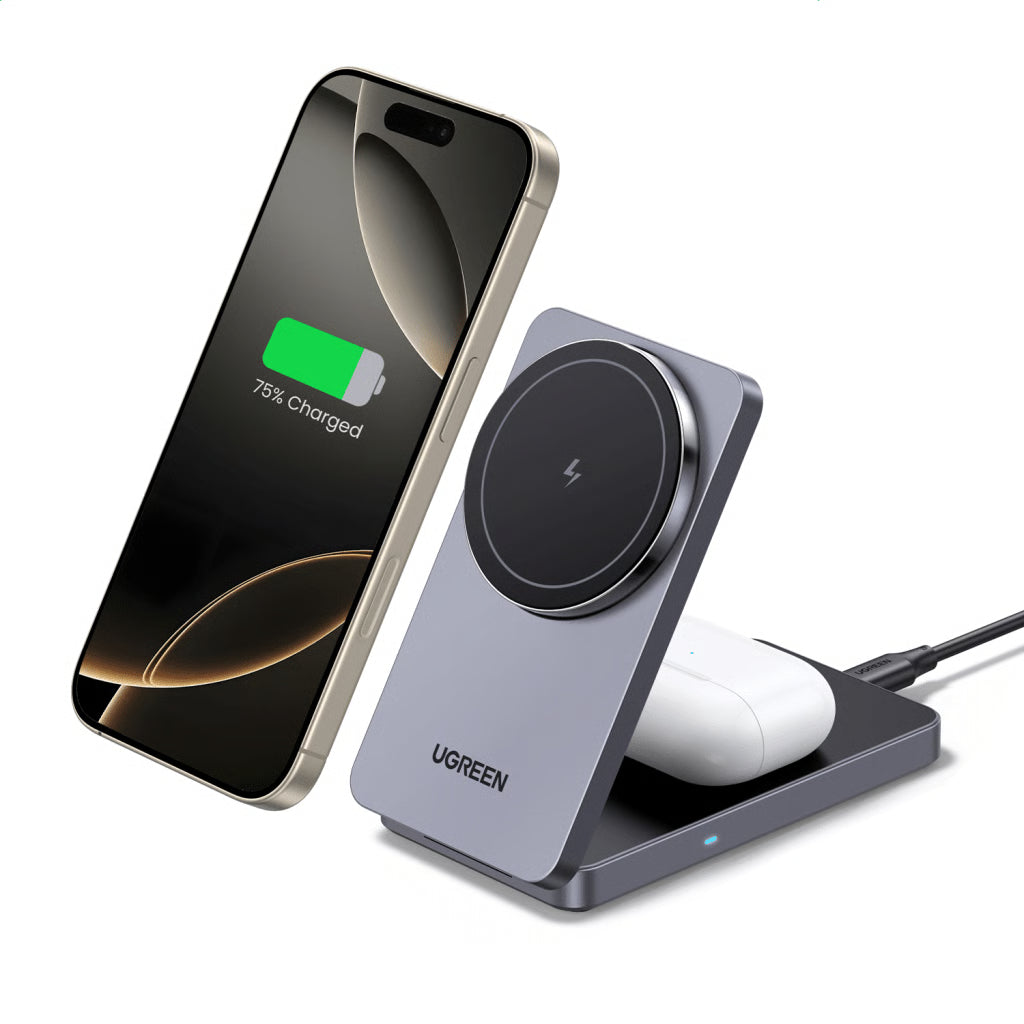 CARGADOR INALÁMBRICO 2 EN 1 20W / TECNOLOGÍA QI2 15W CERTIFICADA / CARGA SIMULTÁNEA IPHONE Y AIRPODS / ÁNGULO AJUSTABLE 70° / DISEÑO PLEGABLE Y PORTÁTIL / COMPATIBILIDAD UNIVERSAL