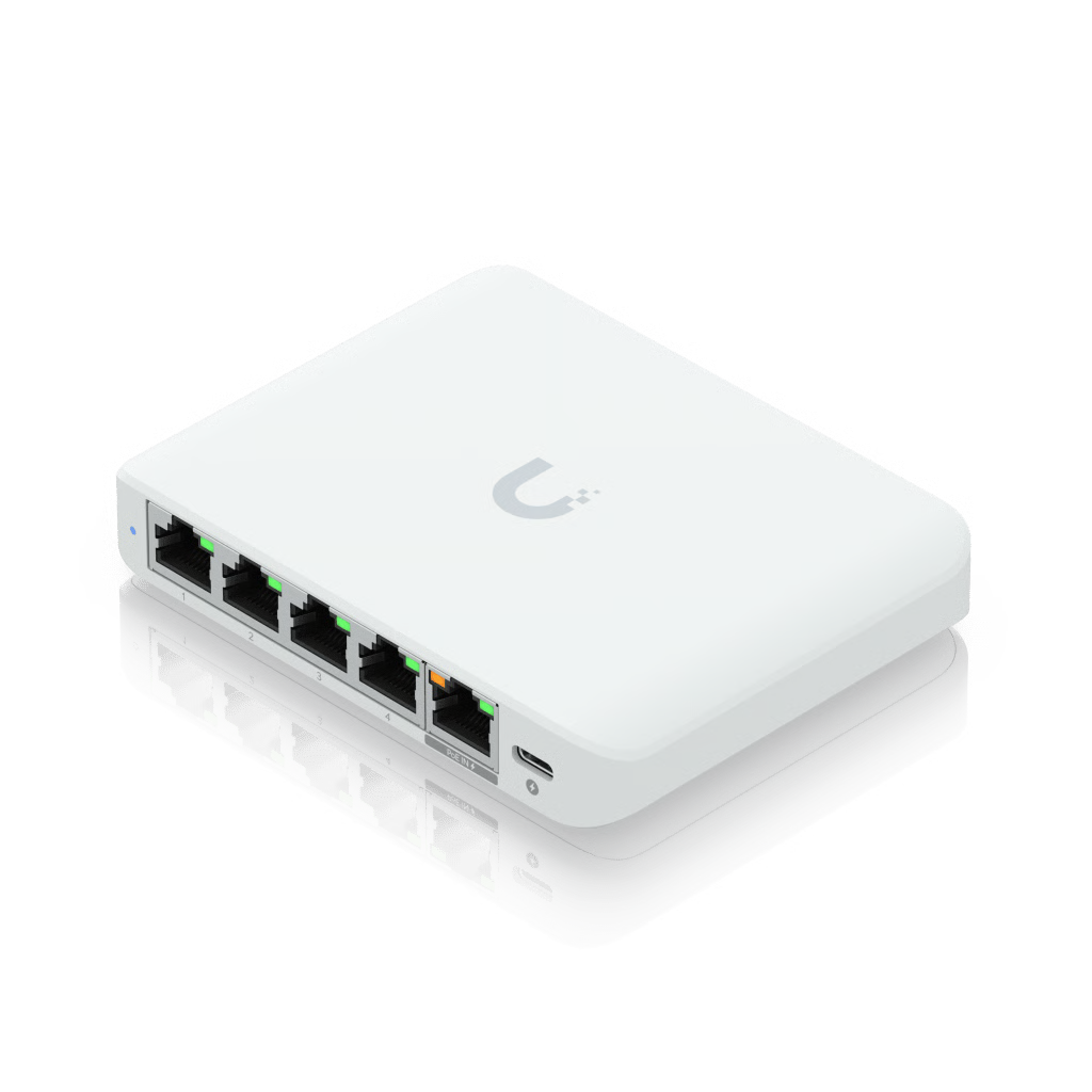 SWITCH ADMINISTRABLE UNIFI FLEX DE 5 PUERTOS 2.5G, COMPACTO, PARA ESCRITORIO, SE ALIMENTA POR POE AF O ADAPTADOR USB-C 5V, 1A (INCLUYE FUENTE DE ALIMENTACIÓN)