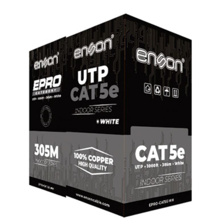 CABLE UTP CAT5E BLANCO ENSON EPRO-CAT5E-WH / FORRO PVC CM / 4 PARES / CALIBRE 24 AWG / 100% COBRE / USO INTERIOR / BOBINA 1000 PIES / 305 METROS / CERTIFICACIÓN UL-Cable UTP / FTP-ENSON-Bsai Seguridad & Controles