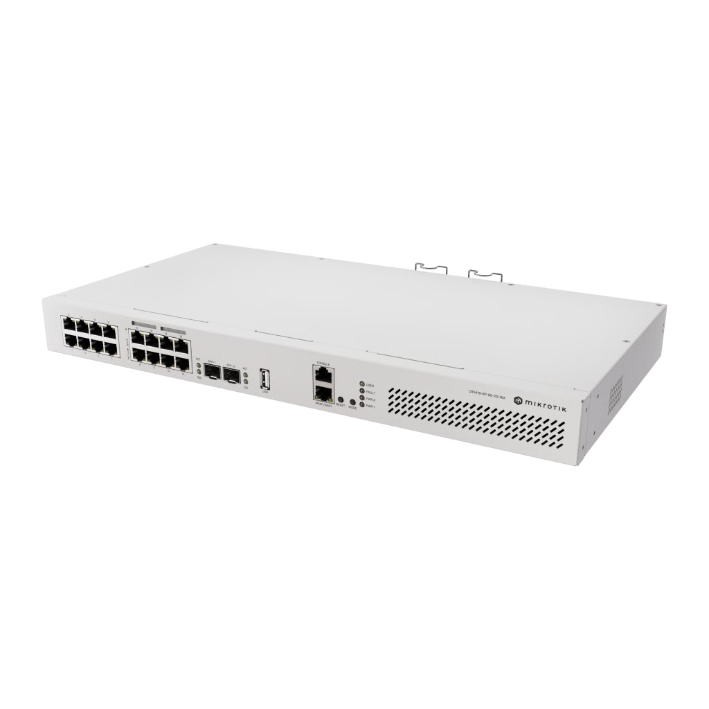 SWITCH DE RED MIKROTIK CRS418-8P-8G-2S+RM / 17 PUERTOS GIGABIT ETHERNET / 8 PUERTOS POE-OUT 802.3AF/AT / 2 PUERTOS SFP+ 10G / CPU QUAD-CORE 2.2 GHZ ARM / ROUTEROS V7 / L3 HW OFFLOADING / ALIMENTACIÓN DUAL REDUNDANTE / USB 3.0