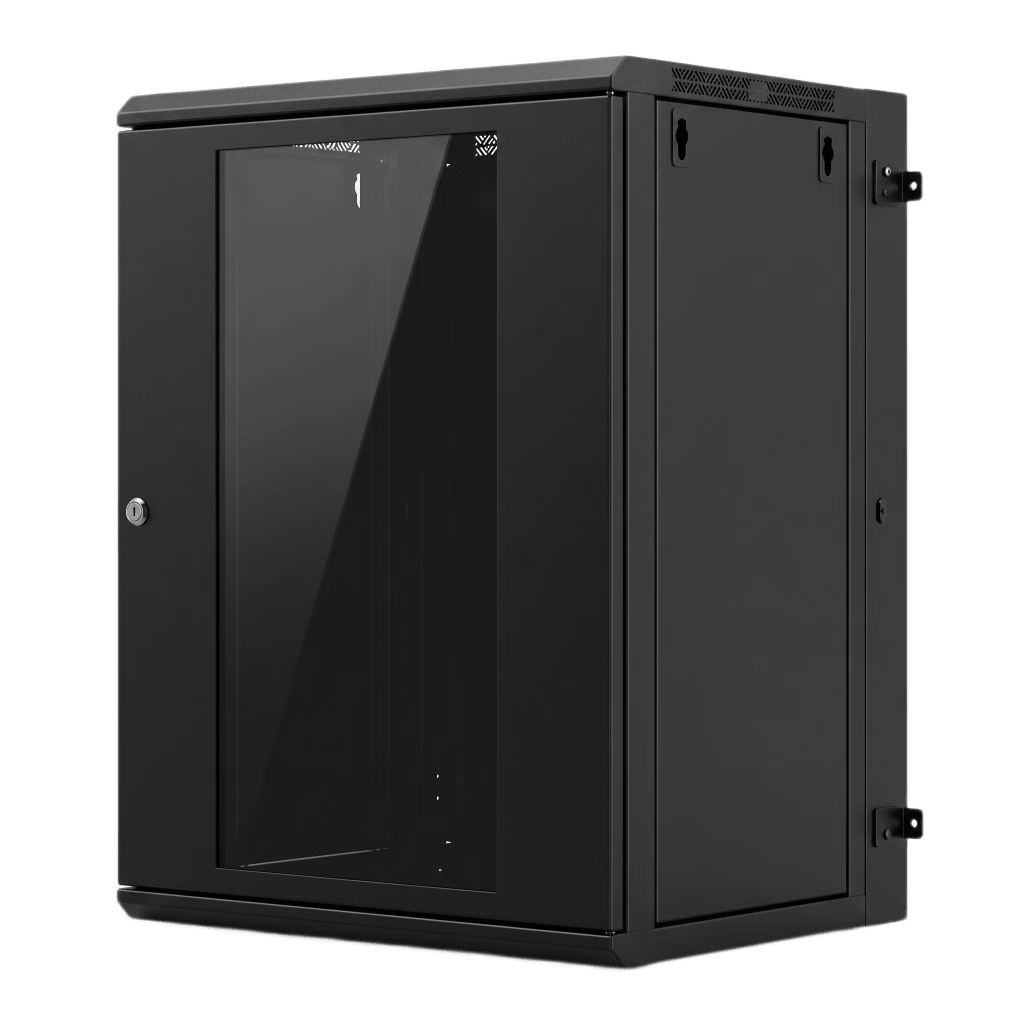 GABINETE RACK / 16 UNIDADES RACK (UR) / PUERTA CRISTAL TEMPLADO / MONTAJE PARED / ACERO CALIBRES 18-22 / ABATIBLE 120° / VENTILACIÓN 120 MM