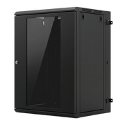 GABINETE RACK / 16 UNIDADES RACK (UR) / PUERTA CRISTAL TEMPLADO / MONTAJE PARED / ACERO CALIBRES 18-22 / ABATIBLE 120° / VENTILACIÓN 120 MM