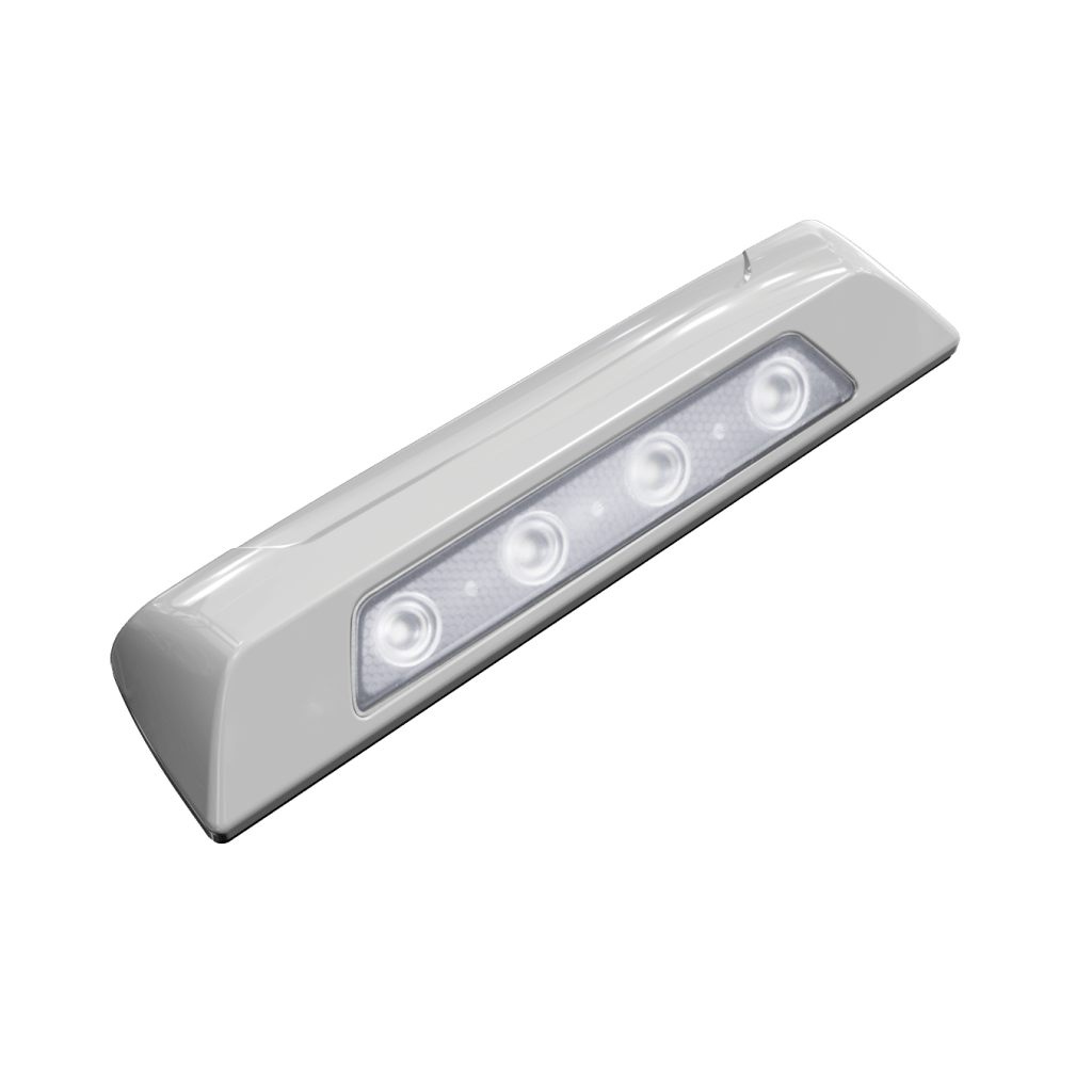 LUZ DE ESCENA, 4 LED, BISEL BLANCO, 12–24VCD, LED BLANCO Y LENTE TRANSPARENTE
