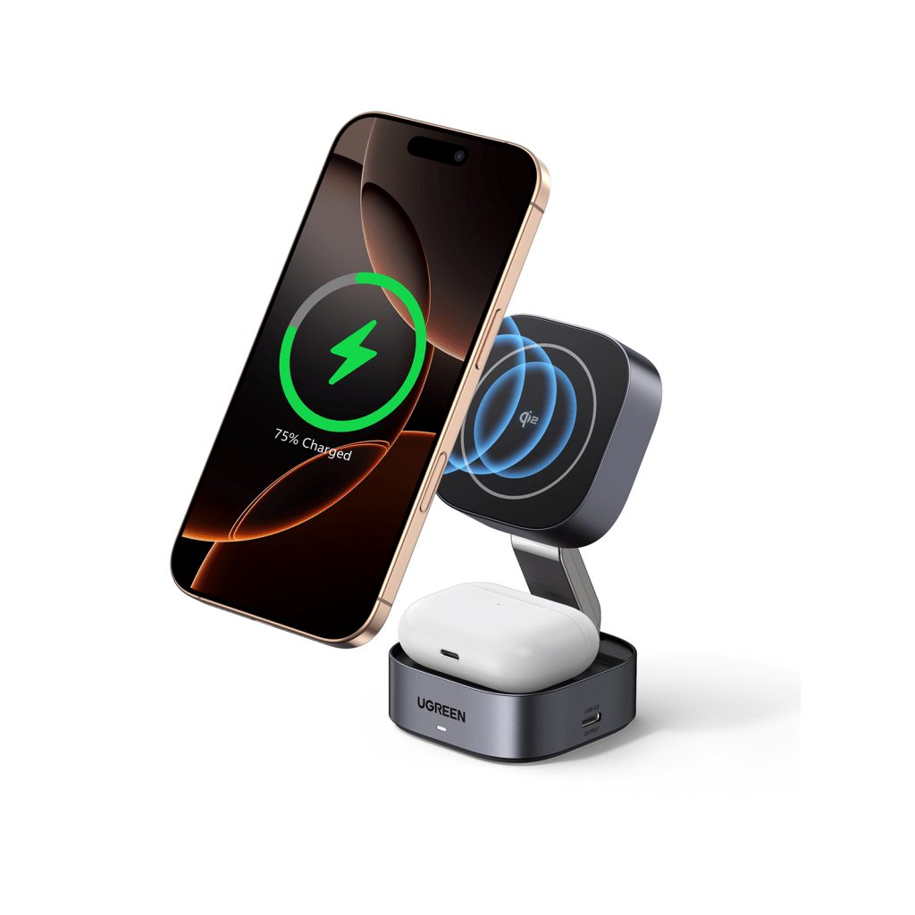 CARGADOR INALÁMBRICO 2 EN 1 25W / TECNOLOGÍA MAGNÉTICA QI 2 / 15W PARA TELÉFONO + 5W PARA AURICULARES / PUERTO USB-C 5W / PROTECCIONES MÚLTIPLES / CABLE USB-C INCLUIDO