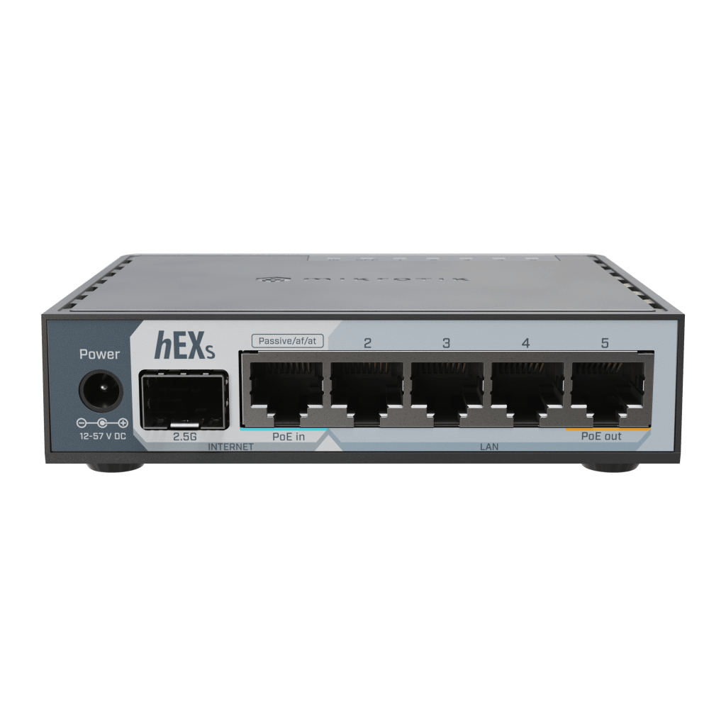 ROUTER HEX S / 5 PUERTOS GIGABIT ETHERNET / 1 PUERTO SFP 2.5G / DUAL-CORE ARM / 512 MB RAM / ROUTEROS V7 / POE-IN Y POE-OUT / MONTAJE EN PARED