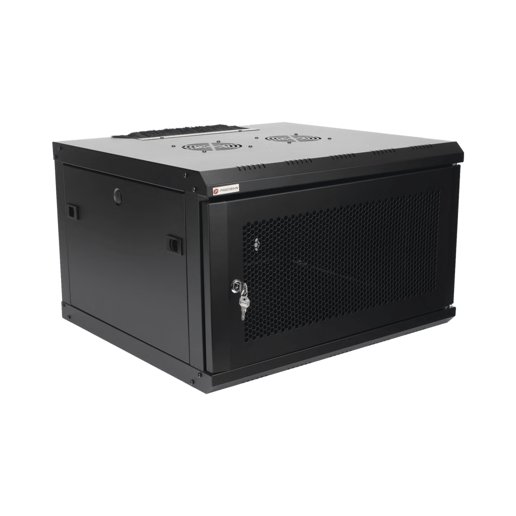 GABINETE DE PARED 19 PULGADAS / 6U / 600 X 550 X 368 MM (23.6 X 21.7 X 14.5 IN) / ACERO SPCC RAL 9004 / CARGA ESTÁTICA 60 KG / IP20 INTERIOR / VENTILADORES CA / PANEL CEPILLO PARA CABLES