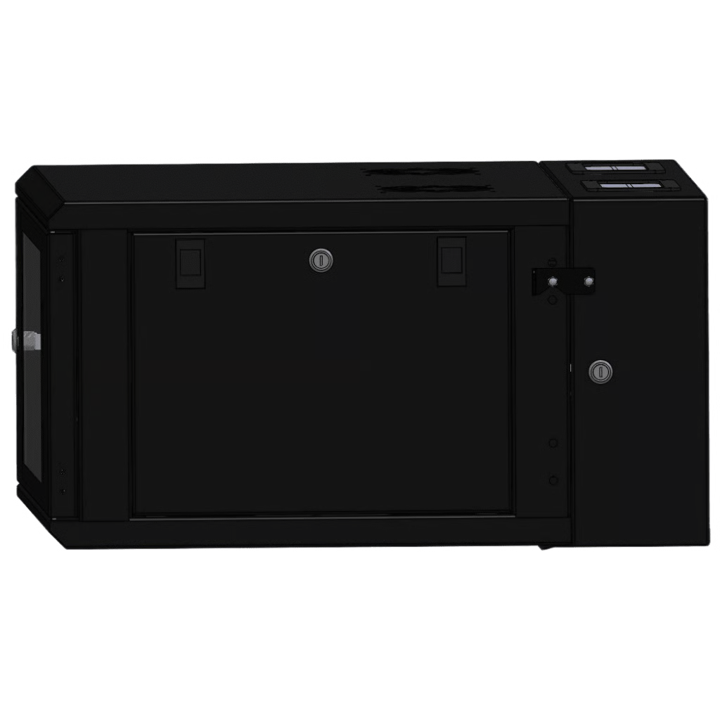 GABINETE RACKEABLE / 06 UNIDADES / PARED 19 PULGADAS / PUERTA DE CRISTAL / PINTURA ELECTROESTÁTICA NEGRO / ABATIBLE 120° / VENTILACIÓN 120 MM