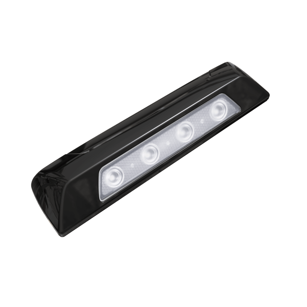 LUZ DE ESCENA, 4 LED, BISEL BLANCO, 12–24VCD, LED BLANCO Y LENTE TRANSPARENTE