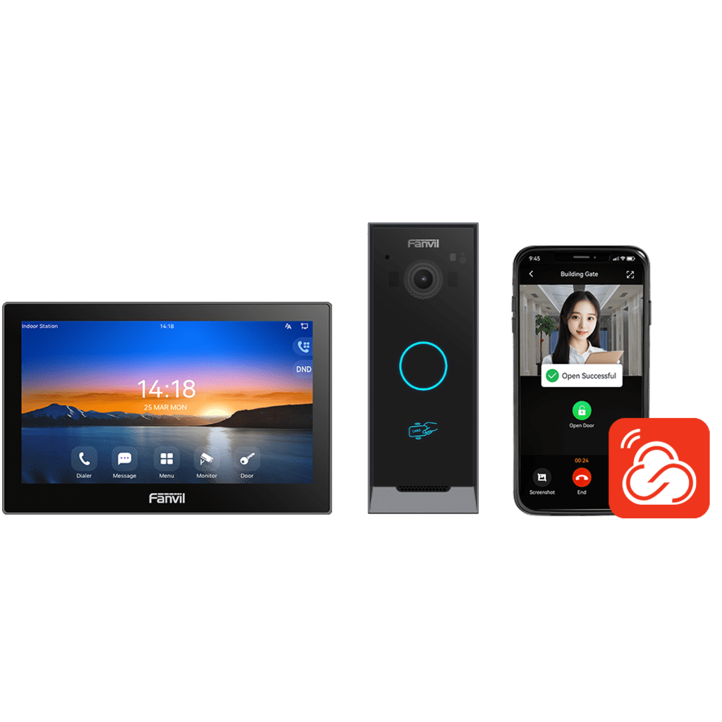 KIT VIDEOPORTERO IP FANVIL VIK-01, ESTACIÓN INTERIOR SIP I504W + FRENTE DE CALLE I60, LLAMADAS HD, DESBLOQUEO REMOTO, APP FANVIL LINK, WI-FI 2.4G/5G, POE-VoIP - Telefonía IP - Videoconferencia-FANVIL-Bsai Seguridad & Controles