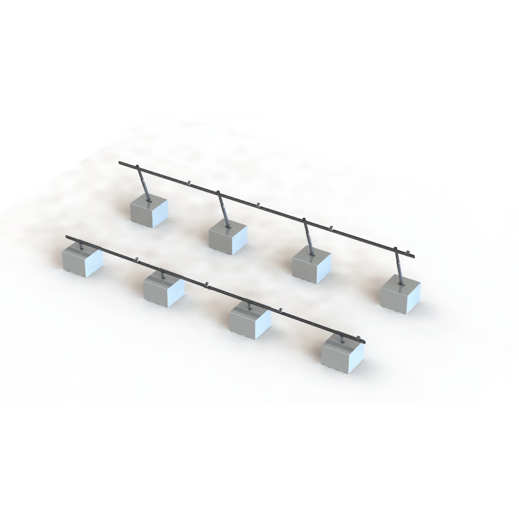 SISTEMA DE MONTAJE SOLAR VEKTOR21 / ESTRUCTURA AJUSTABLE ALUMINIO AL6005-T5 / PATAS FRONTALES Y AJUSTABLES / BASES CEMENTO PERSONALIZABLES / ÁNGULOS 10°-30° / TORQUE 11-13 NM