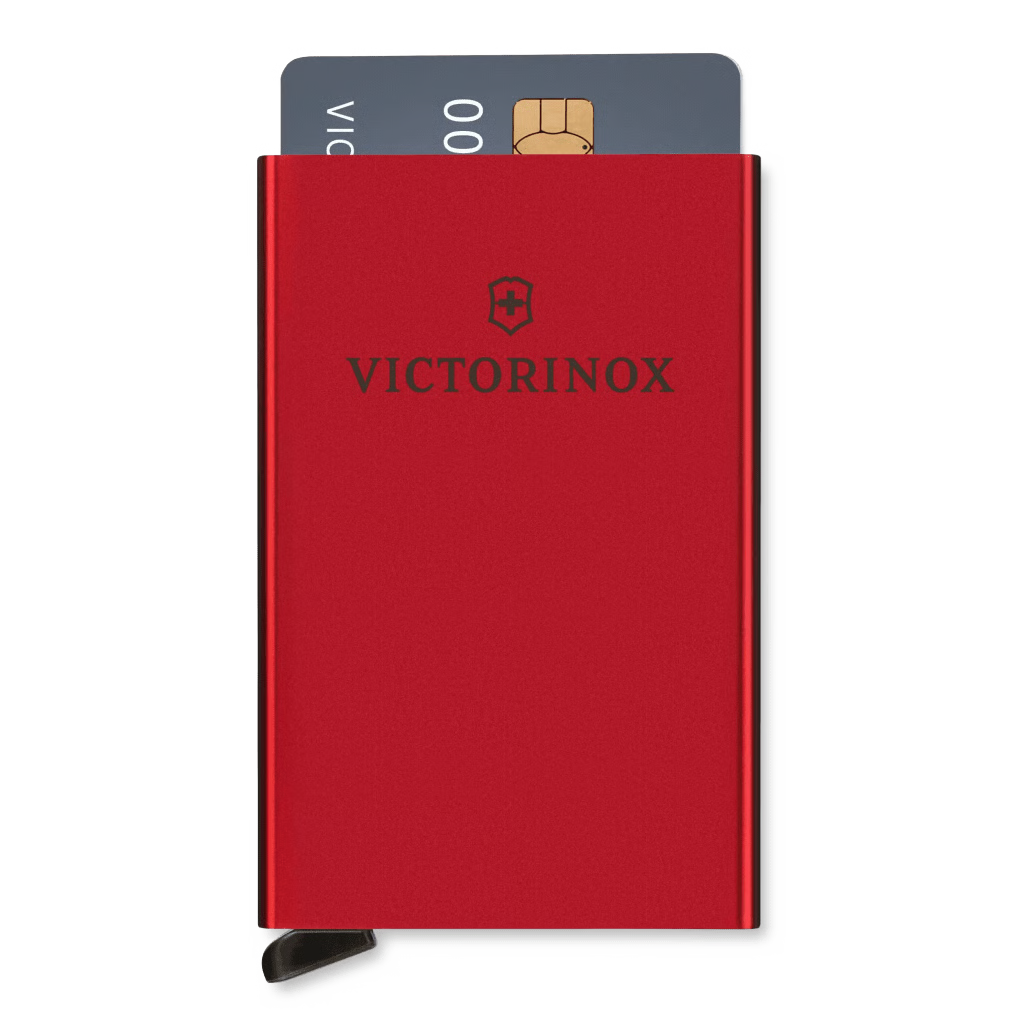 TARJETERO / ALMACENAMIENTO SEGURO 4-6 TARJETAS / ALUMINIO DURADERO / PROTECCIÓN RFID / SISTEMA DESLIZAMIENTO PATENTADO / COLOR ROJO.