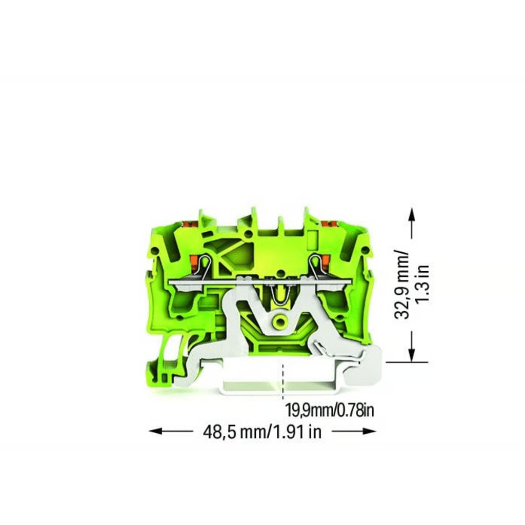 BORNA DE TIERRA TOPJOB® S / 2 CONDUCTORES / SECCIÓN 2.5 MM² / TECNOLOGÍA PUSH-IN CAGE CLAMP® / OPERACIÓN CON TECLA / MONTAJE CARRIL DIN 35X15 Y 35X7.5 / COLOR VERDE-AMARILLO / APLICACIONES EX Y FERROVIARIAS / CERTIFICACIO