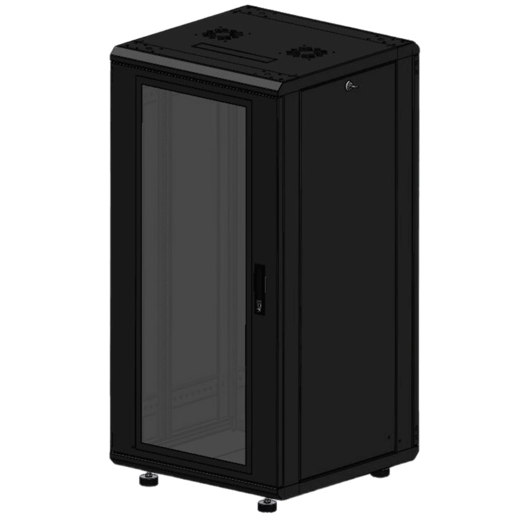 GABINETE RACKEABLE 19 PULGADAS / 24 UNIDADES / PISO / PUERTA DE CRISTAL / ACERO CALIBRES 16-18-20 / CAPACIDAD 750 KG / DIMENSIONES 600X605X1190 MM (23.6X23.8X46.9 IN) / VENTILACIÓN 120 MM, NIVELADORES INCLUIDOS