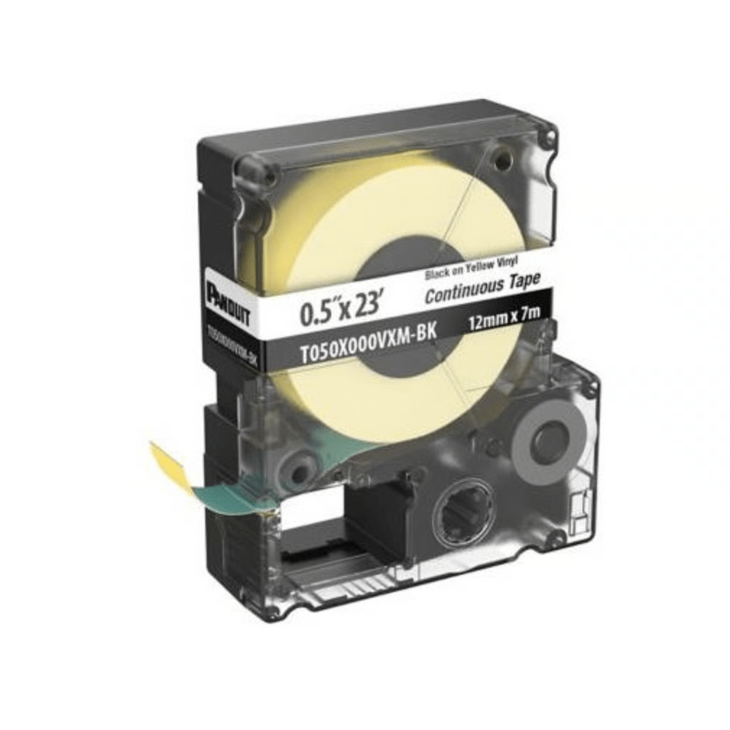 CASETE DE ETIQUETAS DE VINILO DE CINTA CONTINUA, COLOR NEGRO SOBRE AMARILLO, USO INTERIOR/EXTERIOR, 9 MM DE ANCHO X 7 METROS (22.97 PIES) DE LARGO