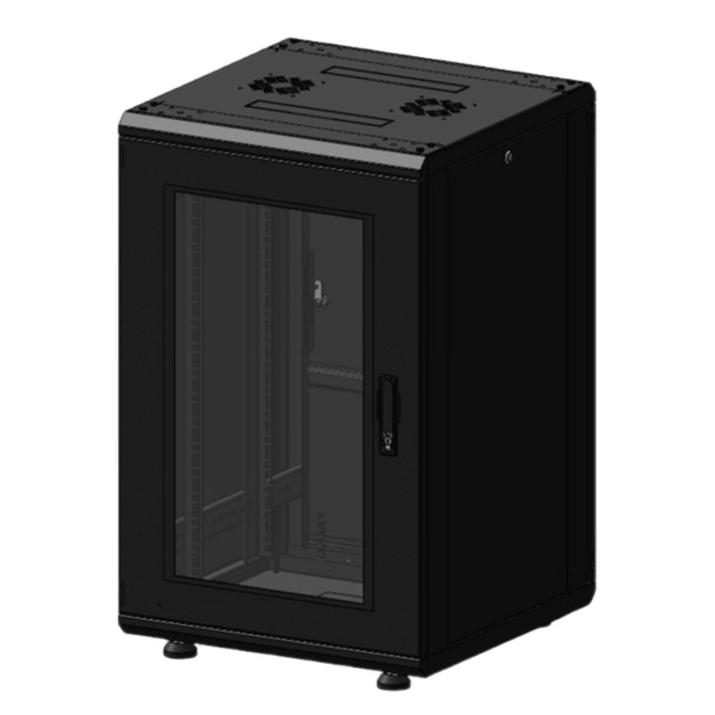 GABINETE RACK 19 PULGADAS / 18 UNIDADES / PISO / PUERTA DE CRISTAL / ACERO CALIBRES 16-18-20 / CAPACIDAD 750 KG (1653.5 LB) / DIMENSIONES 60 CM (23.6 IN) X 93 CM (36.6 IN) X 46 CM (18.1 IN)