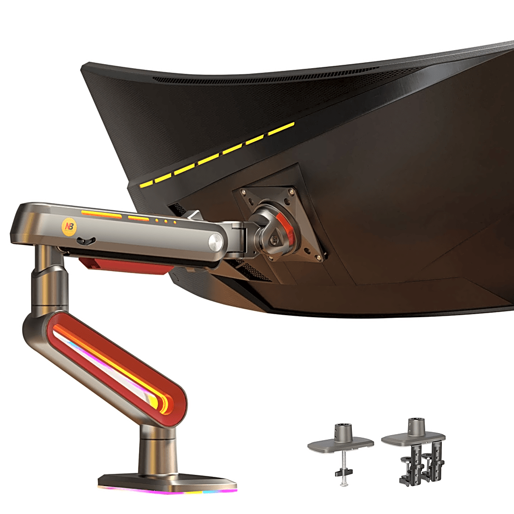 MONTAJE DE ESCRITORIO IDEAL PARA MONITORES GAMING DE 32"- 60" / CAPACIDAD DE CARGA MAXIMA 20 KG / VESA 75 X 75 - 100 X 100 / ACERO / GIRO 360° / COLOR CARBON MATE CON CUBIERTA PLASTICA COLOR ROJO / ILUMINACIÓN RGB-Monitores Pantallas y Mobiliario-NB-EPCOM-Bsai Seguridad & Controles