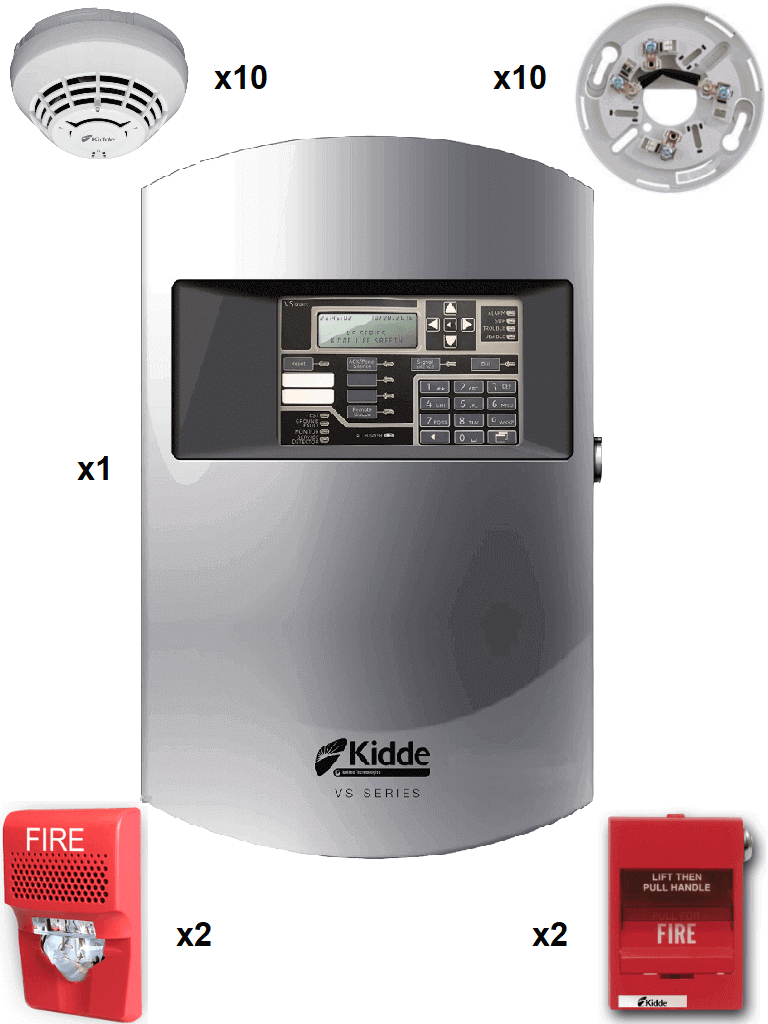 KIDDE F_VS1GSPKIT10 - PANEL 64 DISPOSITIVOS DIRECCIONABLES / 10 DETECTORES DE HUMO CON BASES / 2 ESTACIONES MANUALES / 2 SIRENA CON ESTROBO-Paneles de Control-KIDDE-Bsai Seguridad & Controles