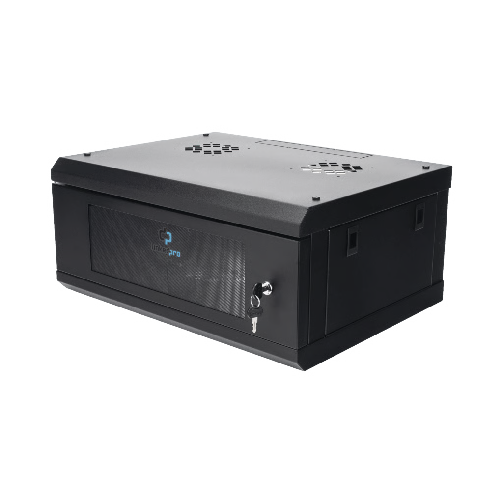 GABINETE DE PARED CON PUERTA DE CRISTAL TEMPLADO, 635MM DE PROFUNDIDAD, 4U RACK DE 19'', ACERO REFORZADO