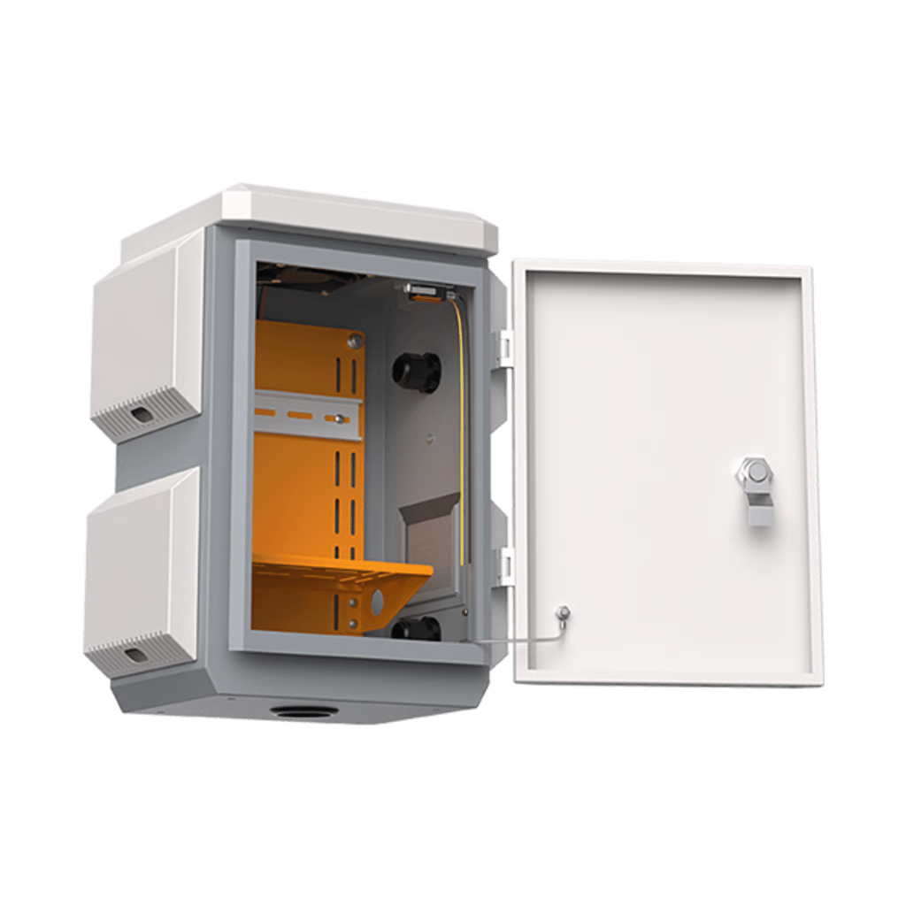 GABINETE DE ACERO VENTILADO PARA EXTERIOR 180 X 340 X 160 MM CON RIELES DIN Y 4 PLACAS LATERALES PARA MONTAJE DE EQUIPOS POR FUERA