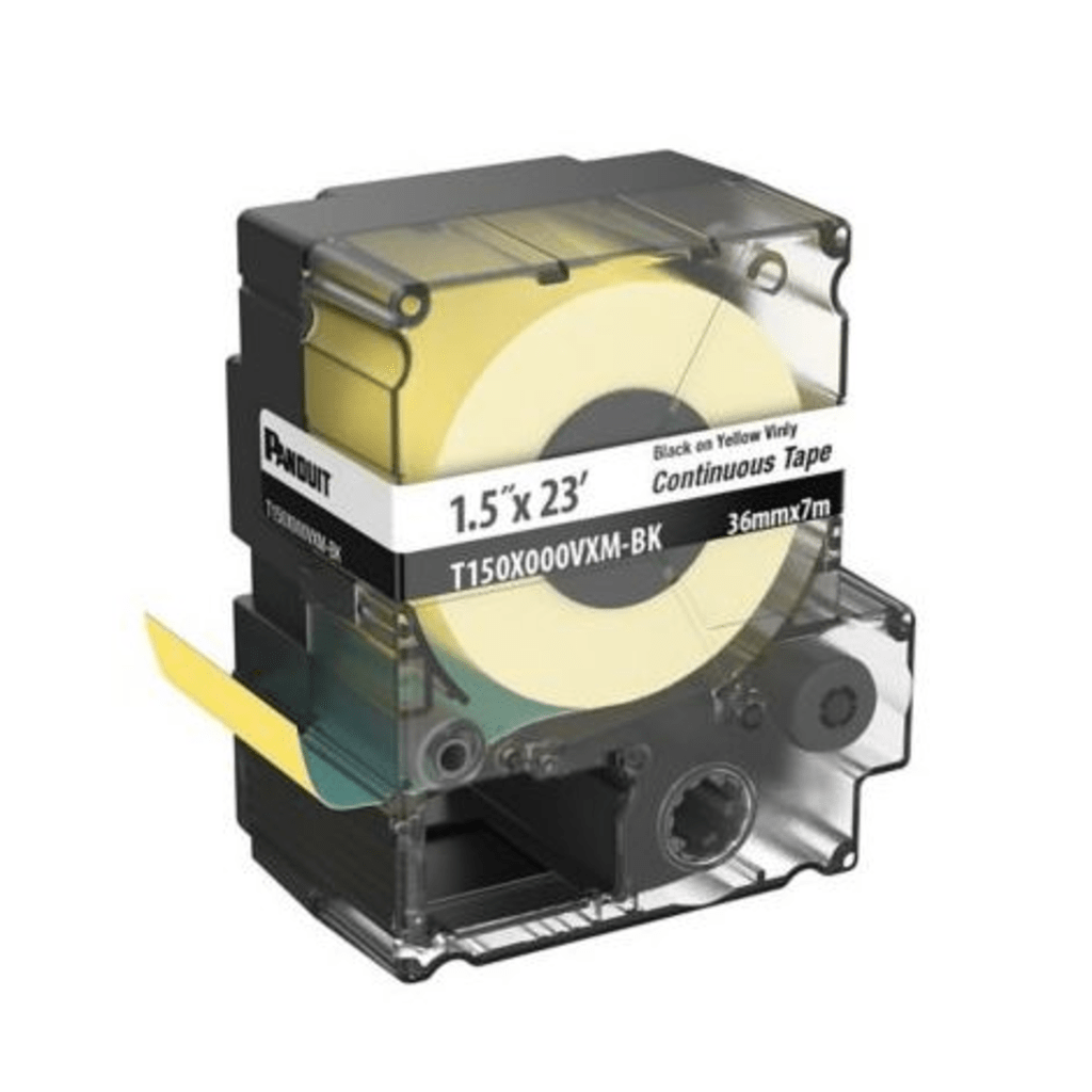 CASETE DE ETIQUETAS DE VINILO DE CINTA CONTINUA, COLOR NEGRO SOBRE AMARILLO, USO INTERIOR/EXTERIOR, 36 MM DE ANCHO X 7 METROS (22.97 PIES) DE LARGO