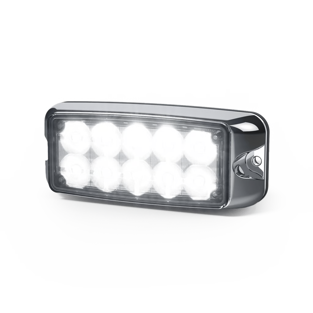 LUZ DE ADVERTENCIA DE 10 LED, AMBAR/BLANCO, 5X2 PULGADAS, LENTE TRANSPARENTE, BISEL CROMADO