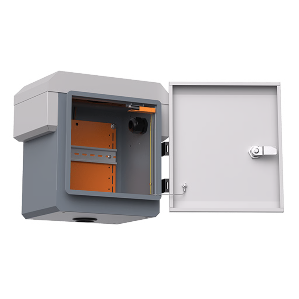 GABINETE DE ACERO VENTILADO PARA EXTERIOR 250 X 250 X 180 MM CON RIELES DIN Y 4 PLACAS LATERALES PARA MONTAJE DE EQUIPOS POR FUERA