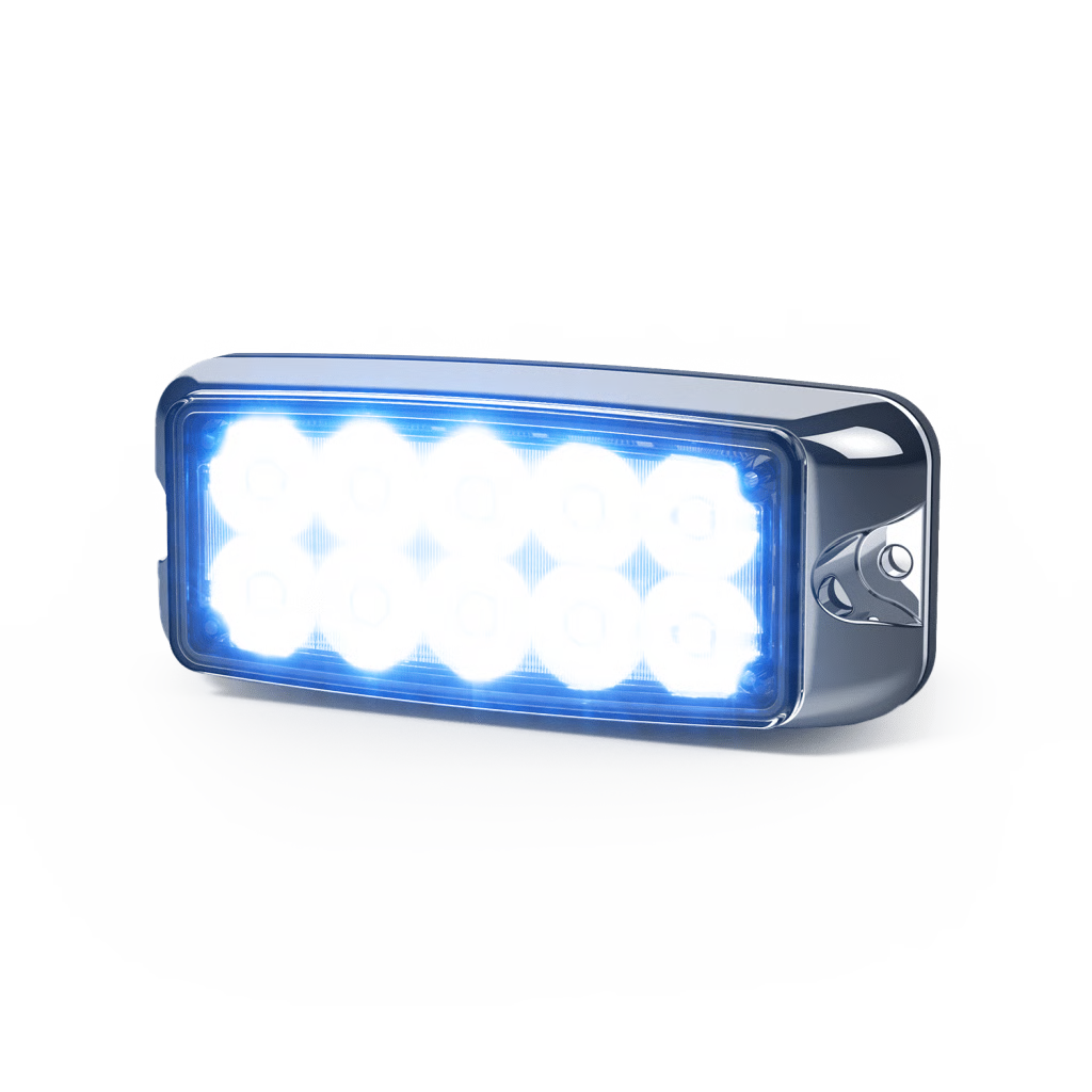 LUZ DE ADVERTENCIA DE 5X2 PULGADAS 10 LED, ROJO/AZUL, LENTE TRANSPARENTE, BISEL CROMADO