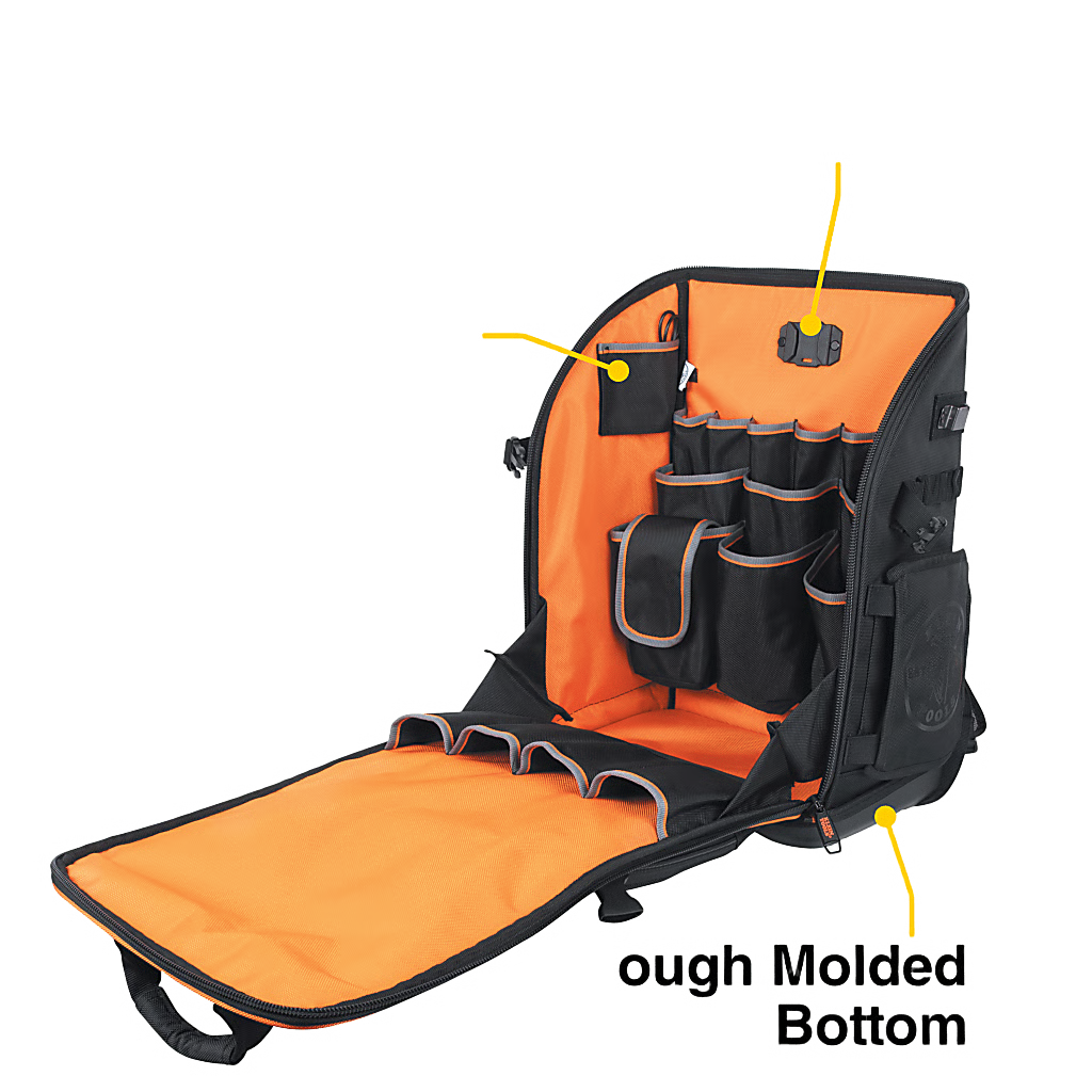 MOCHILA PROFESIONAL PARA HERRAMIENTAS / 27 BOLSILLOS / ACCESO RÁPIDO Y ESTACIÓN DE TRABAJO / BASE MOLDEADA ANCHA / INTERIOR NARANJA / USB-C / SOPORTE PARA LÁMPARA