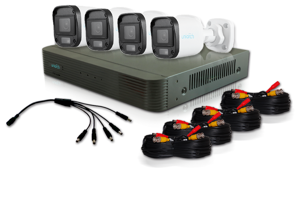 KIT SIN CAJA UNIARCH 4X4, 5 MEGAPIXELES ANALOGICO 4 CÁMARAS COLOR HUNTER BULLET INTERIOR / EXTERIOR / LENTE FIJO 2.8MM / 12VDC / IP67 / 20M IR / DWDR / METAL PLASTICA / MENU OSD / DEFOG, 1 DVR PENTAHIBRIDO UNIARCH XVR-104G3, 4 CAMARAS UAC-B115-F28-W, 4...-Kits de Videovigilancia-UNIARCH BY UNV-KIT UNIARCH ANALOGICO BULLET 5 MP COLOR HUNTER-Bsai Seguridad & Controles
