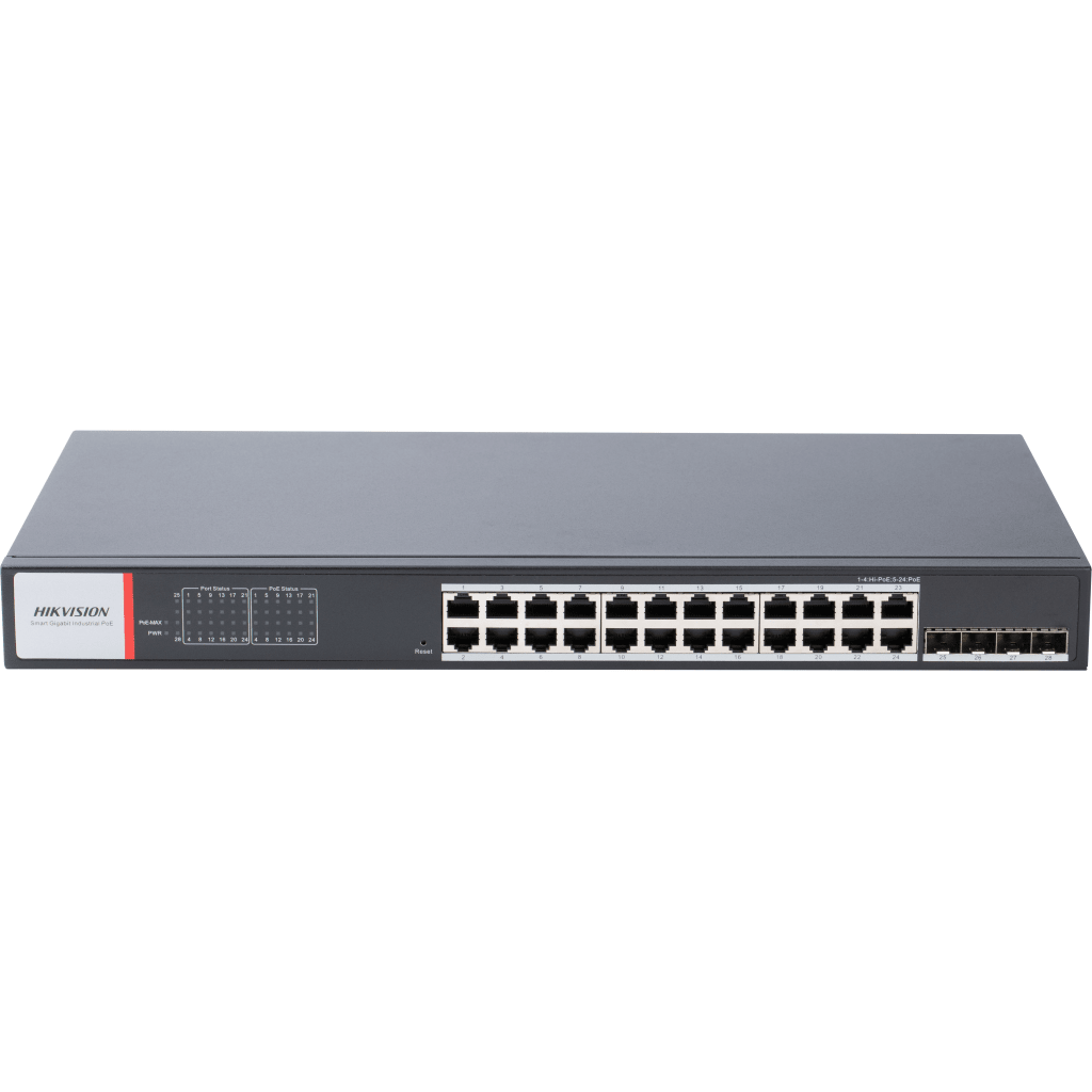 SWITCH GIGABIT POE+ / ADMINISTRABLE / 24 PUERTOS 1000 MBPS POE+ / 4 PUERTOS SFP / CONFIGURACIÓN NUBE HIK-PARTNERPRO / MODO EXTENDIDO HASTA 300 METROS / 370 W-Energía-HIKVISION-Bsai Seguridad & Controles