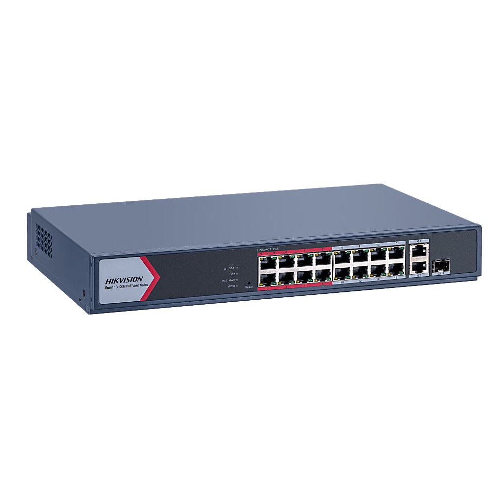 SWITCH POE+ / NO ADMINISTRABLE / 16 PUERTOS 10/100 MBPS POE+ / 2 PUERTOS 1000 MBPS UPLINK / 1 PUERTO SFP UPLINK / MODO EXTENDIDO HASTA 300 METROS / 130 W
