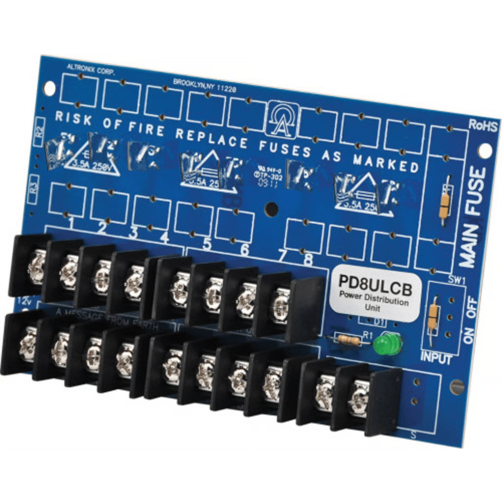 MÓDULO DE DISTRIBUCIÓN DE ENERGÍA UL PD8ULCB / 8 SALIDAS CLASE 2 PTC PROTEGIDAS / ENTRADA 12-24VDC O 24-28VAC / AUTO-RESETABLE / MONTAJE INCLUIDO / GARANTÍA DE POR VIDA
