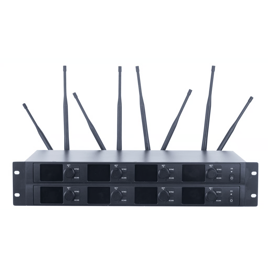 RECEPTOR INALÁMBRICO | 8 CANALES | TRANSMISIÓN DIGITAL U-BAND 540-690 MHZ | MODULACIÓN PI/4-DQPSK | PANTALLA TFT-LCD 2.2" | SALIDA BALANCEADA Y DESBALANCEADA | ENCRIPCIÓN DE AUDIO | ESCANEO DE FRECUENCIA