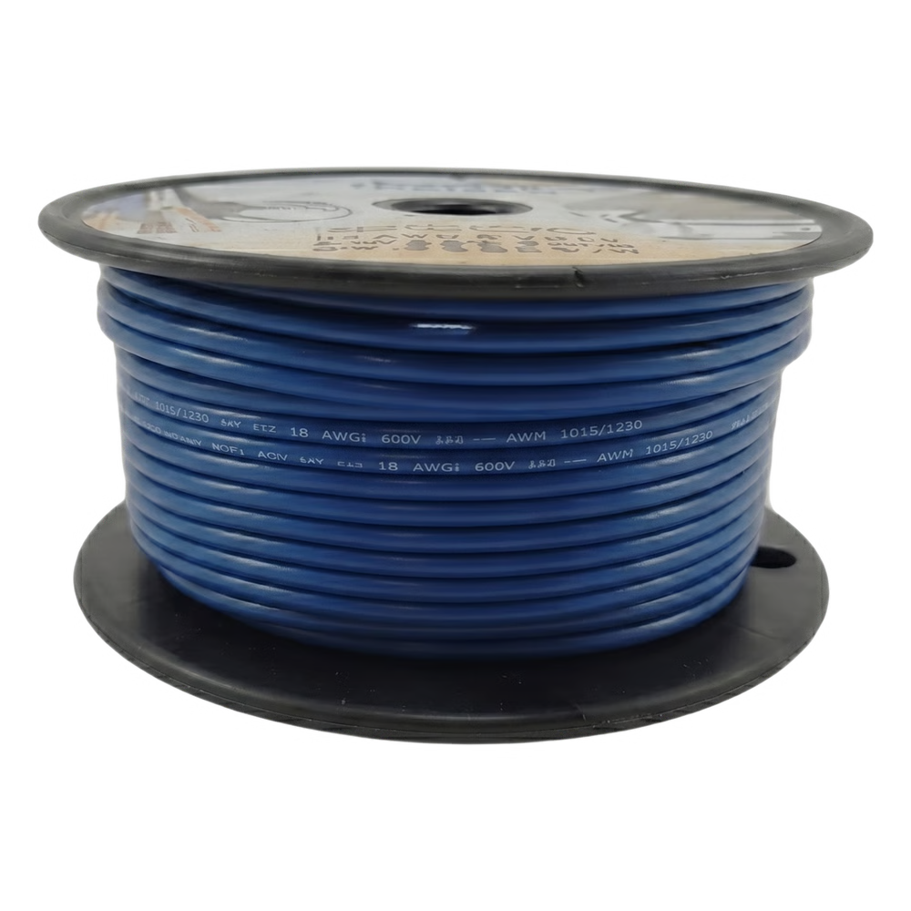 CABLE ELÉCTRICO COLOR AZUL CALIBRE 14 / UL 1015-1230 / 600 VOLTS / 105°C SECO 75°C HÚMEDO / COBRE ESTAÑADO CLASE K / AISLANTE PVC RETARDANTE DE LLAMA VW-1 / RESISTENTE A HUMEDAD ABRASIÓN ÁCIDO COMBUSTIBLE DIESEL